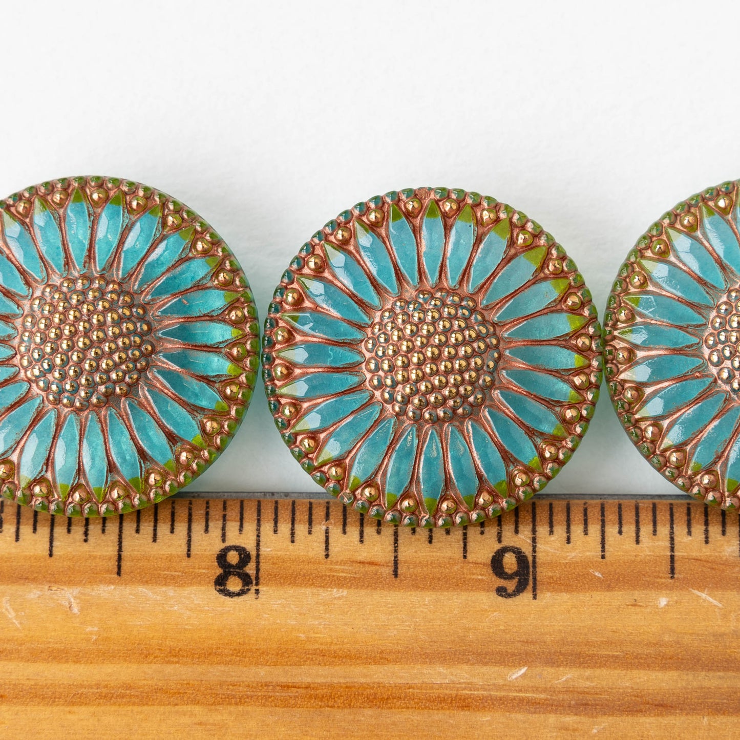 32mm Sunflower Buttons - Aqua with Copper and Gold  - 1 Button