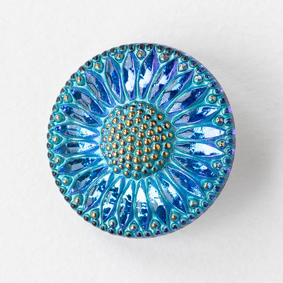 32mm Sunflower Buttons - Azure Blue with Gold  - 1 Button