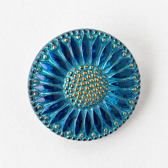 32mm Sunflower Buttons - Azure Blue with Gold  - 1 Button