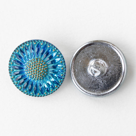 32mm Sunflower Buttons - Azure Blue with Gold  - 1 Button