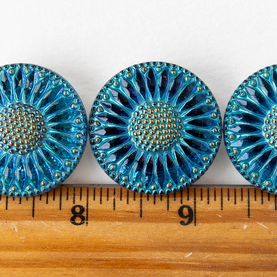 32mm Sunflower Buttons - Azure Blue with Gold  - 1 Button