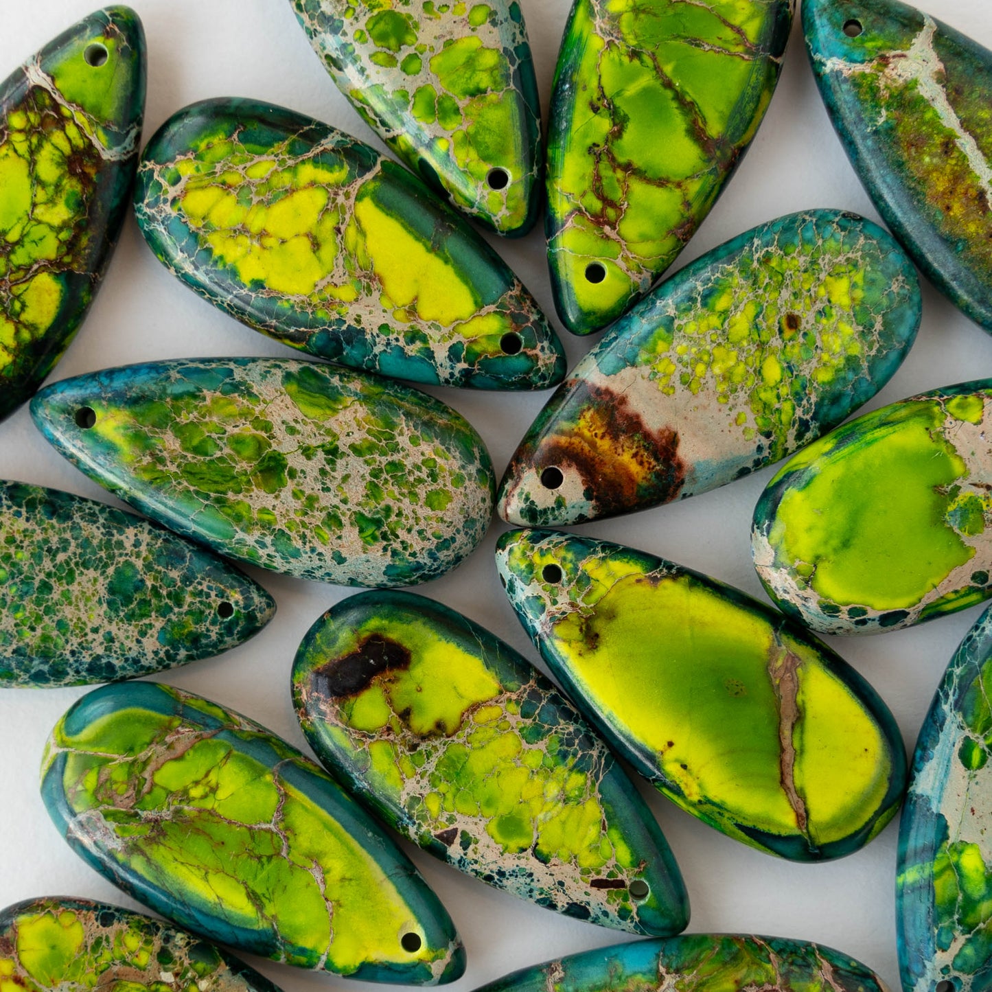 15x35mm Impression Jasper Teardrops - Green Mix - 2 Beads