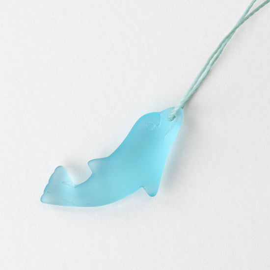Frosted Glass Dolphin Pendant - Light Aqua Blue - 4 Beads