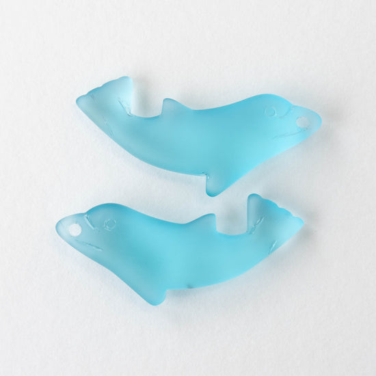 Frosted Glass Dolphin Pendant - Light Aqua Blue - 4 Beads
