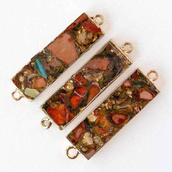 11x36mm Reconstructed Impression Jasper Rectangle Connector Link - Orange and Brown - 1 Piece