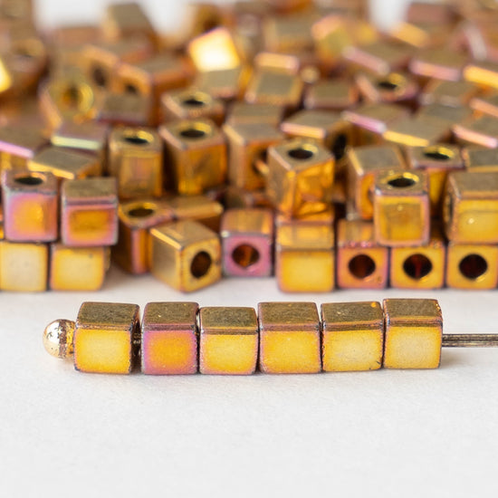 3mm Miyuki Cube Beads - Metallic Gold Iris - Choose Amount