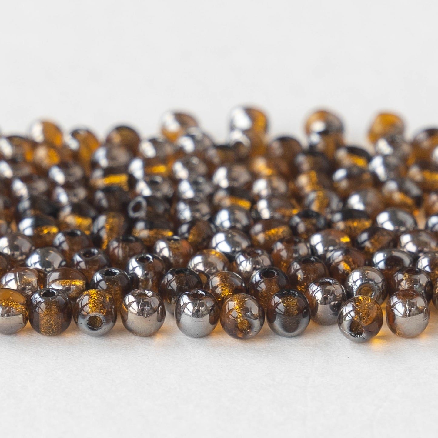 3mm Round Glass Beads - Amber and Silver - 120