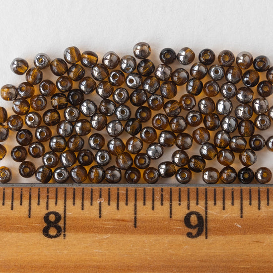 3mm Round Glass Beads - Amber and Silver - 120