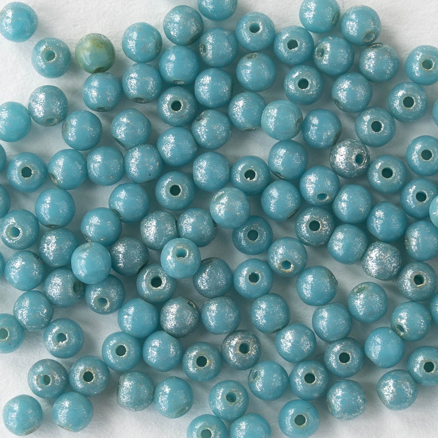 3mm Round Glass Beads - Light Blue with Silver Dust - 120 Beads