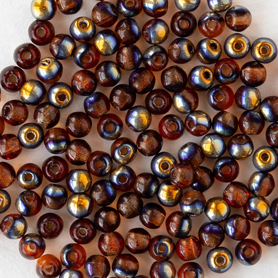 3mm Round Glass Beads - Transparent Dark Amber Metallic - 120 beads