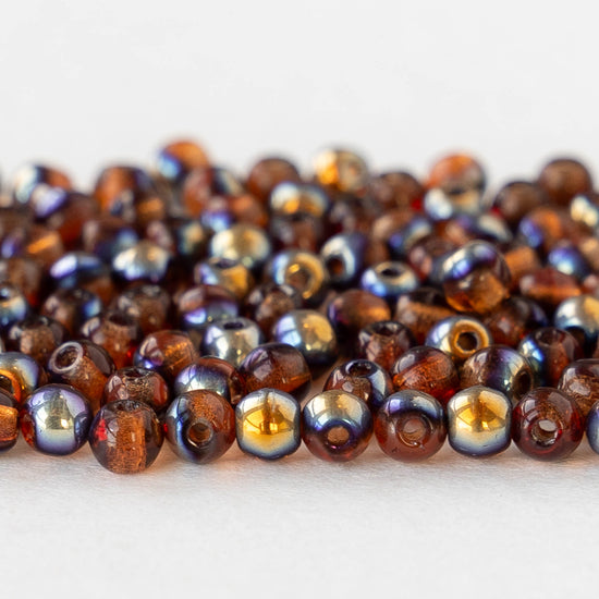 3mm Round Glass Beads - Transparent Dark Amber Metallic - 120 beads