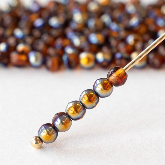 3mm Round Glass Beads - Transparent Dark Amber Metallic - 120 beads