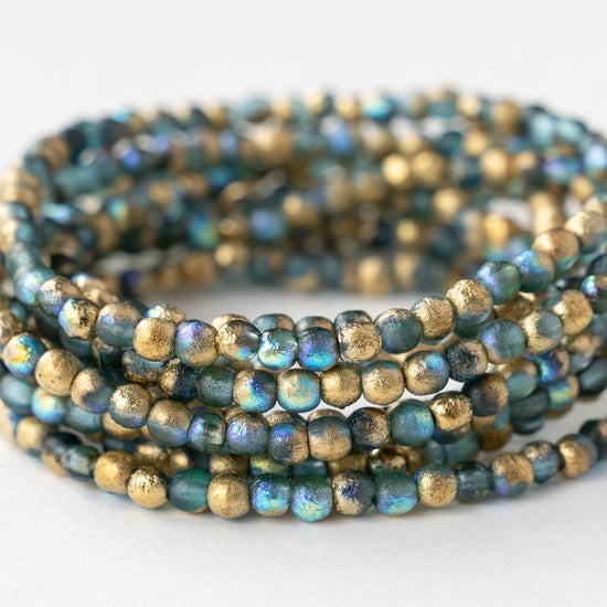3mm Round Glass Beads - Etched Blue Gold AB - 50 beads