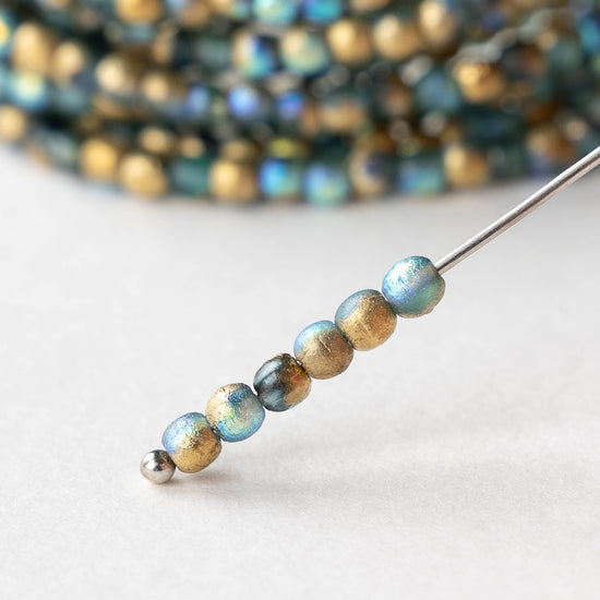 3mm Round Glass Beads - Etched Blue Gold AB - 50 beads