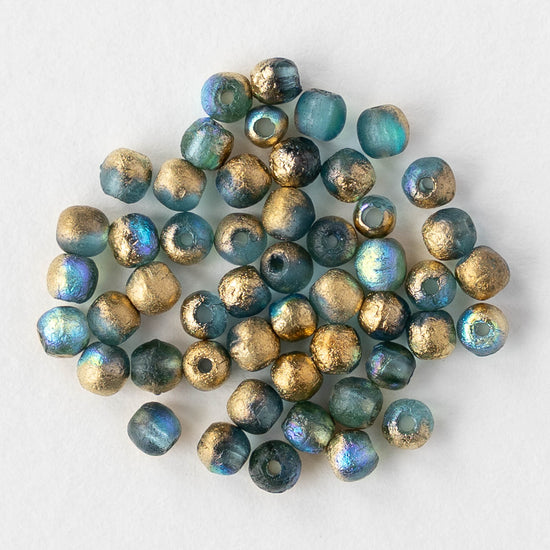 3mm Round Glass Beads - Etched Blue Gold AB - 50 beads