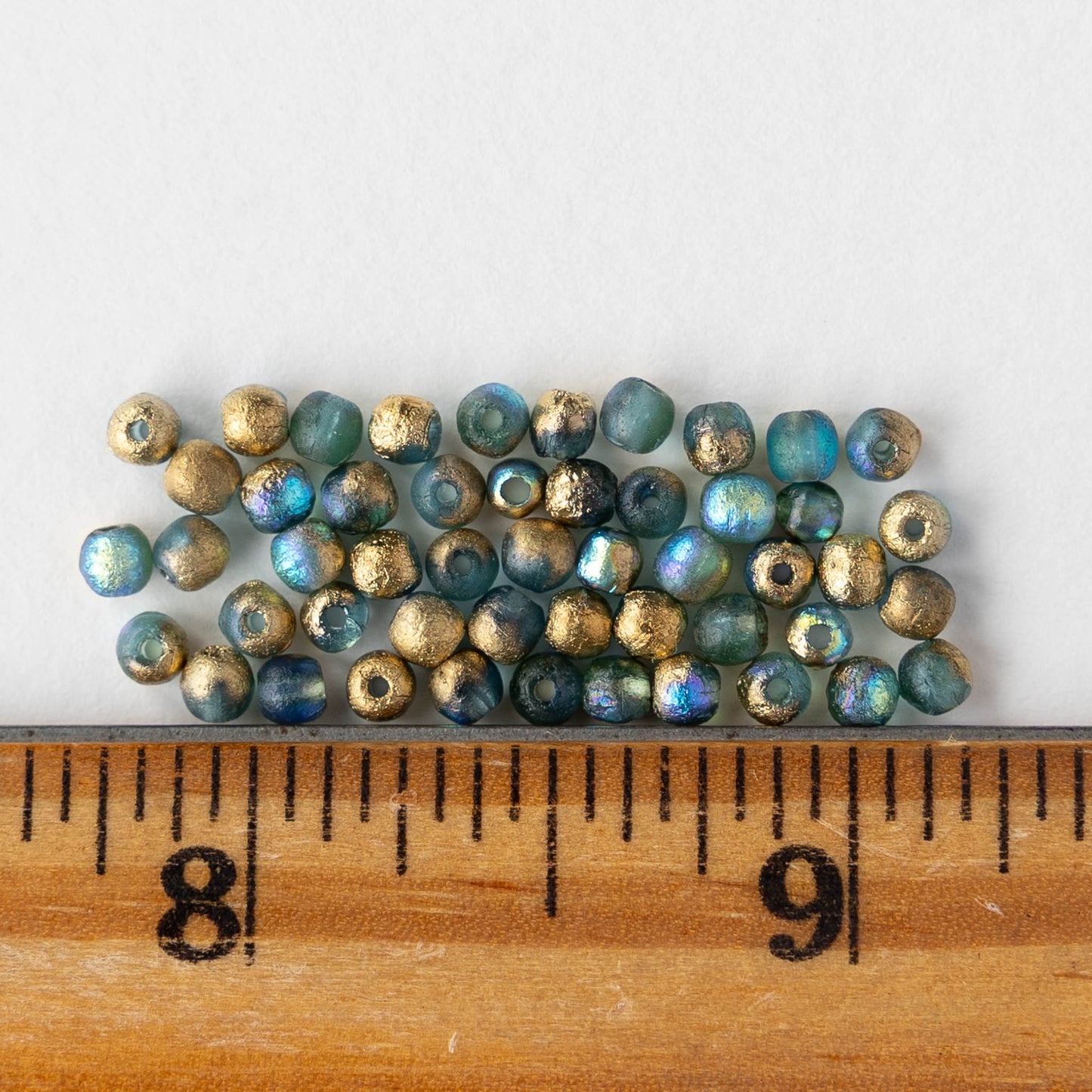 3mm Round Glass Beads - Etched Blue Gold AB - 50 beads