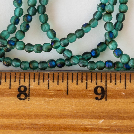 3mm Round Glass Beads - Etched Emerald Blue Mix - 50 Beads
