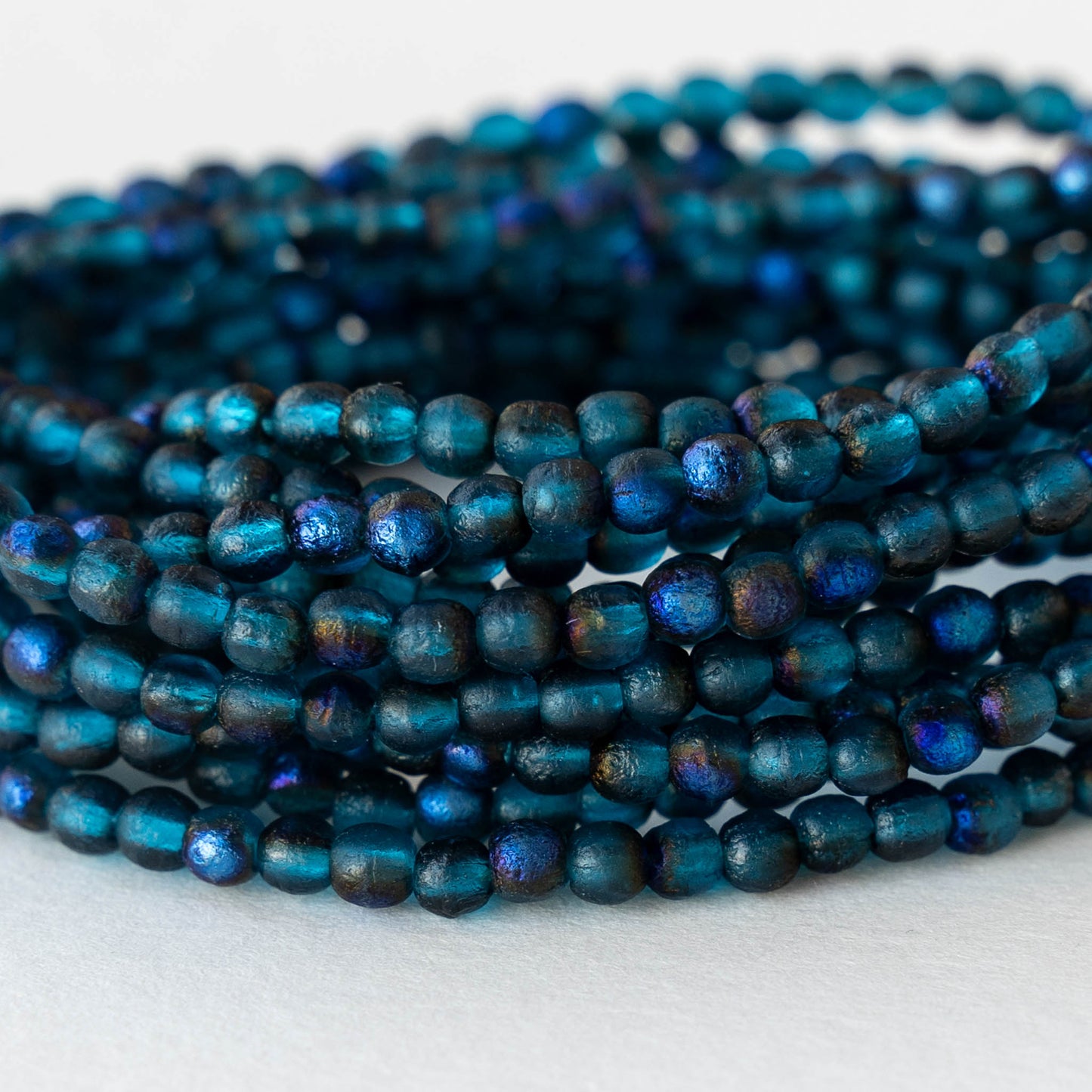 3mm Round Glass Beads - Etched Teal Blue Metallic - 50 Beads