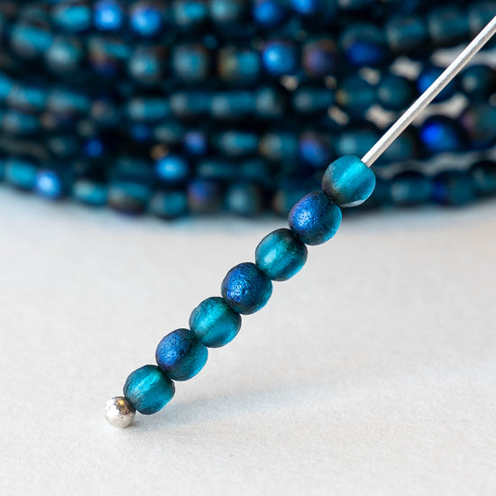 3mm Round Glass Beads - Etched Teal Blue Metallic - 50 Beads