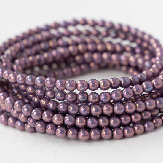 3mm Round Glass Beads - Purple Luster - 50 Beads