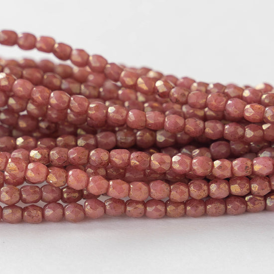 3mm Round Beads - Pink Mauve with Gold Luster - 50 beads
