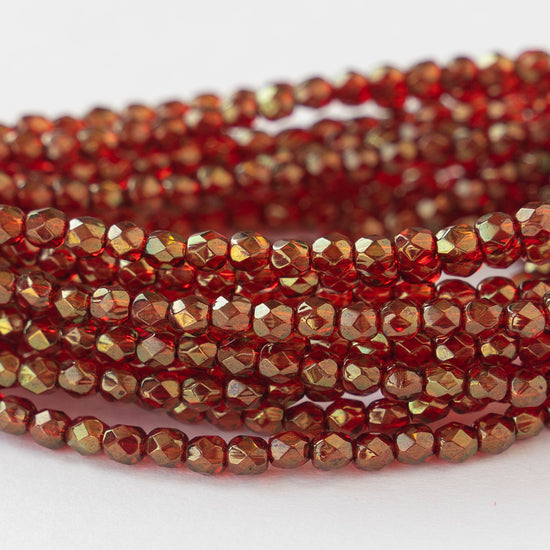 3mm Round Beads - Ruby Red with Gold Luster - 50 beads