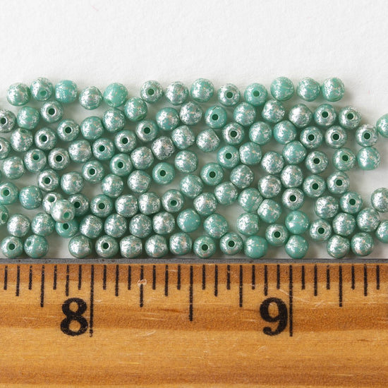 3mm Round Glass Beads - Seafoam Green with Silver Dust - 120 Beads