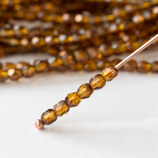 3mm Round Faceted Glass Beads - Transparent Amber Bronze - 50 Beads