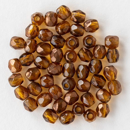 3mm Round Faceted Glass Beads - Transparent Amber Bronze - 50 Beads