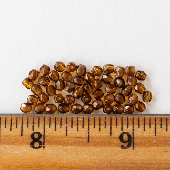 3mm Round Faceted Glass Beads - Transparent Amber Bronze - 50 Beads