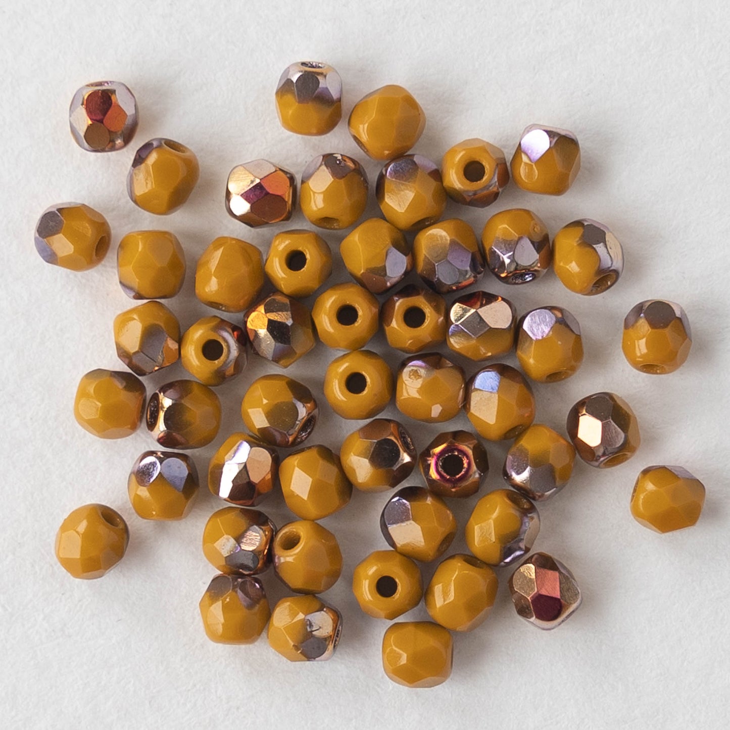 3mm,4mm Round Firepolished Beads - Opaque Golden Amber with Marea Half Coat - 50 Beads