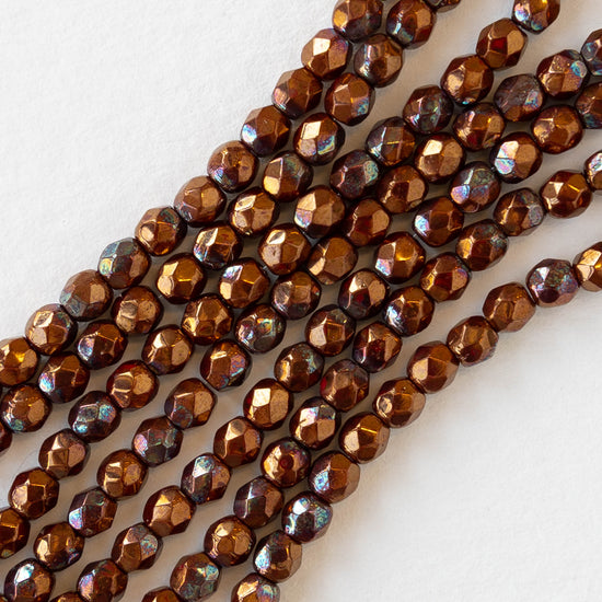 3mm Round Faceted Glass Beads - Bronze Luster  Iris-  50 Beads