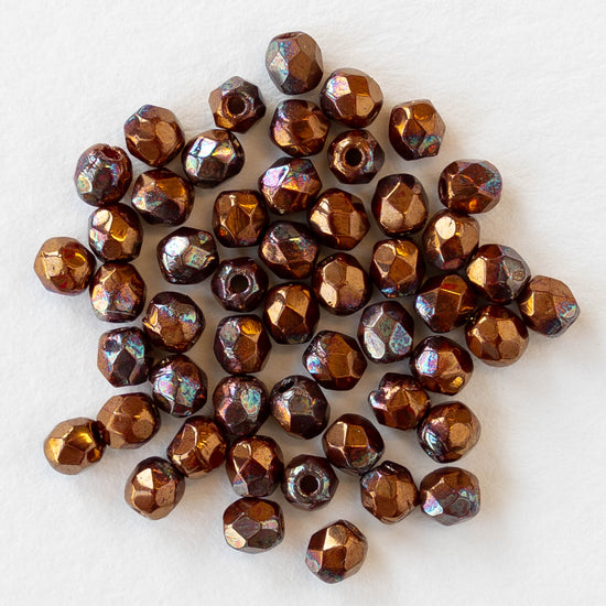 3mm Round Faceted Glass Beads - Bronze Luster  Iris-  50 Beads