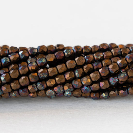 3mm Round Faceted Glass Beads - Opaque Bronze Vega - 50 Beads