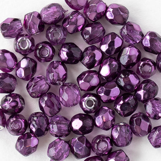 3mm Firepolished Round Beads - Crystal Amethyst Metallic - 50 Beads