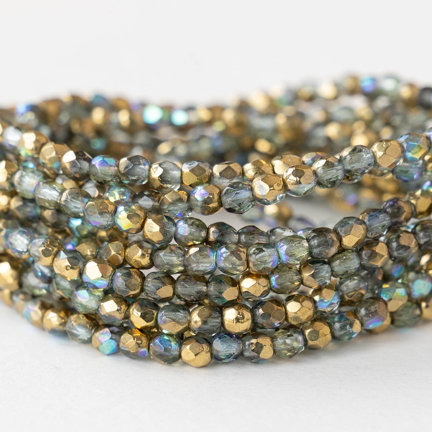 3mm Firepolished Round Beads - Blue Green with Gold Luster AB - 50 Beads