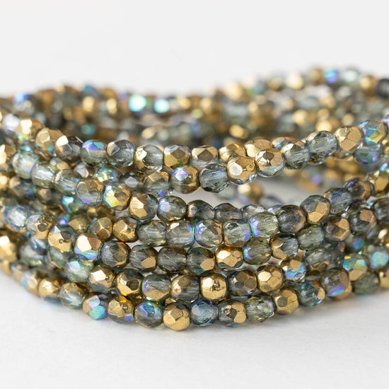 3mm Firepolished Round Beads - Blue Green with Gold Luster AB - 50 Beads