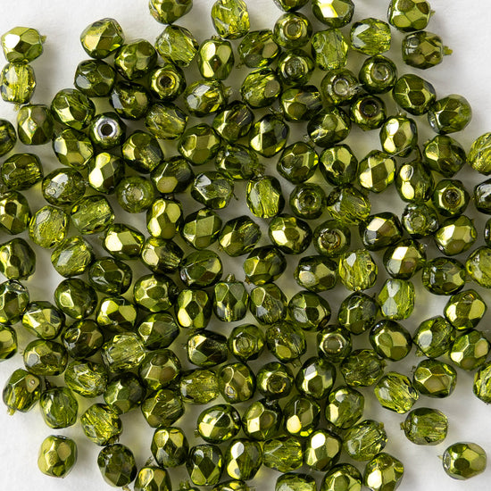 3mm Firepolished Round Beads - Crystal Olive Metallic - 50 Beads