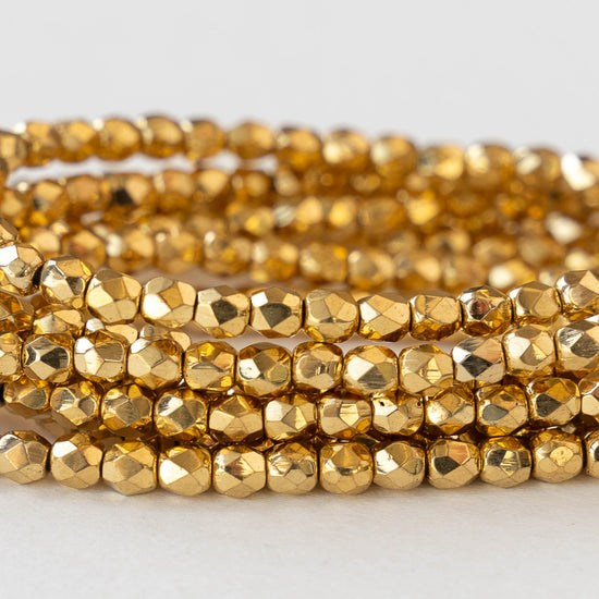 3mm Round Faceted Glass Beads - Gold - 50 Beads