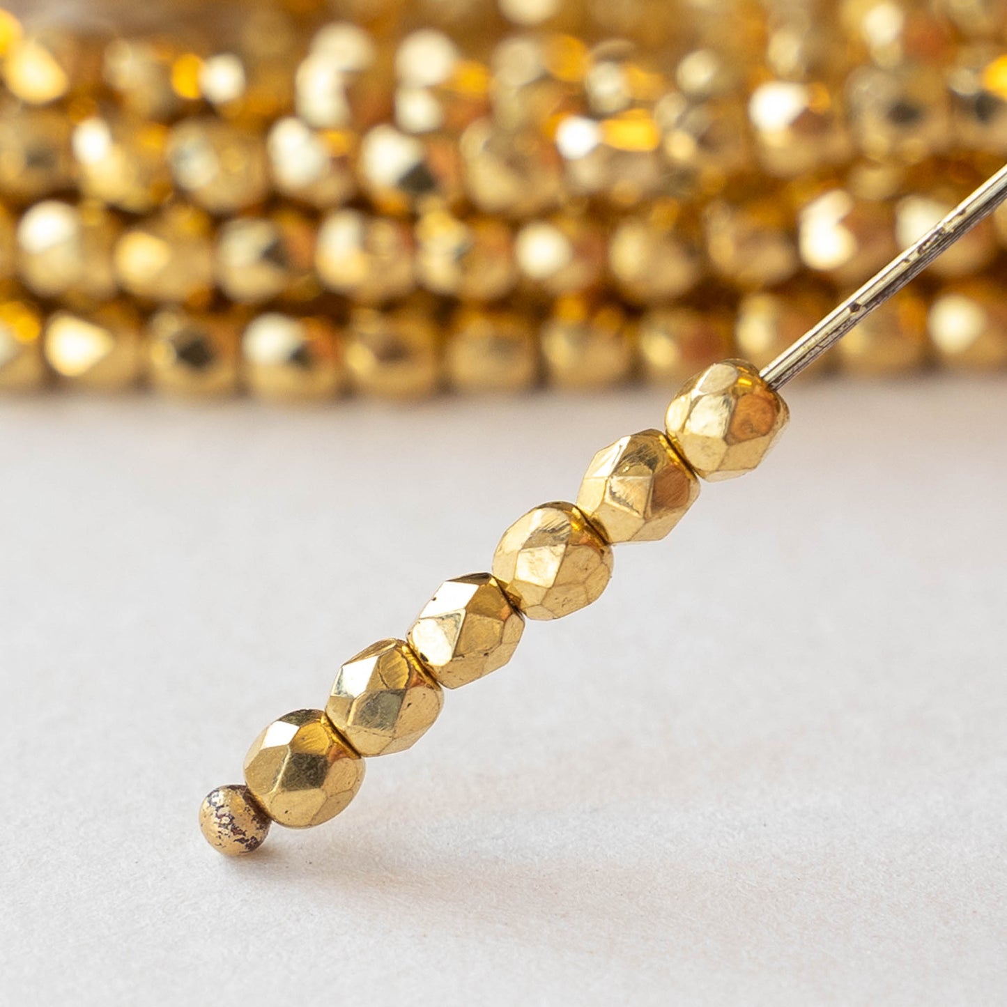 3mm Round Faceted Glass Beads - Gold - 50 Beads