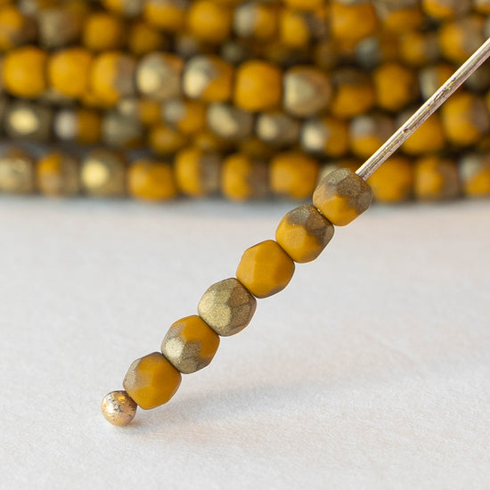 3mm Round Beads - Opaque Yellow Ochre with Gold - 50 Beads