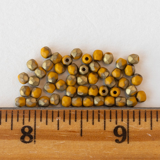 3mm Round Beads - Opaque Yellow Ochre with Gold - 50 Beads