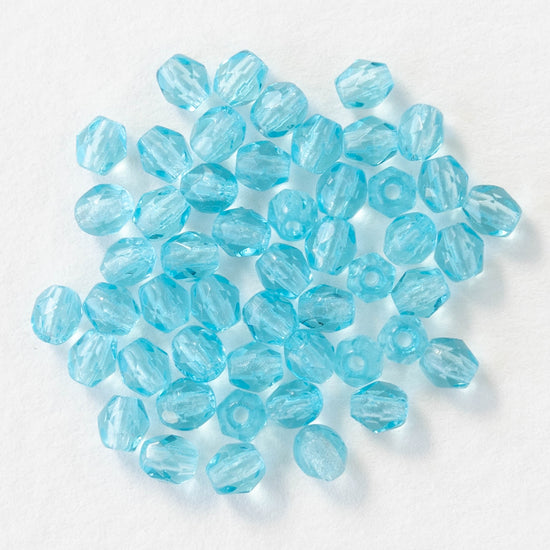 3mm Round Faceted Glass Beads - Transparent Light Aqua- 100 Beads