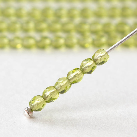 3mm Round Faceted Glass Beads - Transparent Light Lime Green- 100 Beads