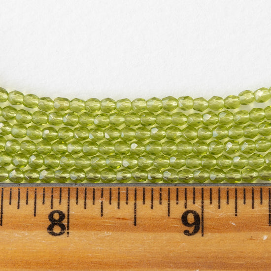 3mm Round Faceted Glass Beads - Transparent Light Lime Green- 100 Beads