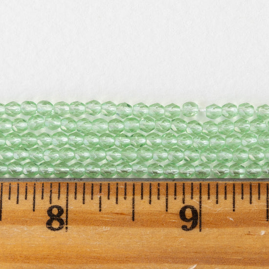 3mm Round Faceted Glass Beads - Transparent Light Peridot- 100 Beads