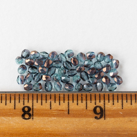 3mm Round Faceted Glass Beads - Transparent Light Teal Bronze - 50 Beads