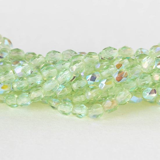 3mm Round Faceted Glass Beads - Transparent Peridot AB - 100 Beads