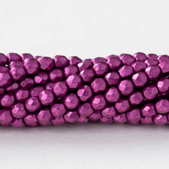 3mm Firepolished Round Beads - Sueded Gold Fuchsia Red - 50 Beads