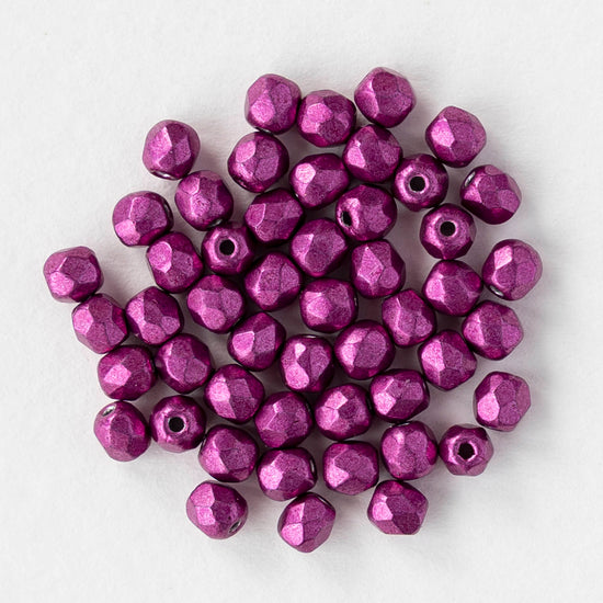 3mm Firepolished Round Beads - Sueded Gold Fuchsia Red - 50 Beads